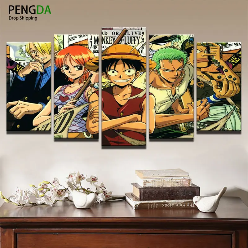 プリント絵画子供部屋の装飾ポスター壁アートフレーム5パネルワンピースアニメ漫画のキャラクターの写真キャンバスpengda Picture Canvas Prints Paintingwall Art Framed Aliexpress
