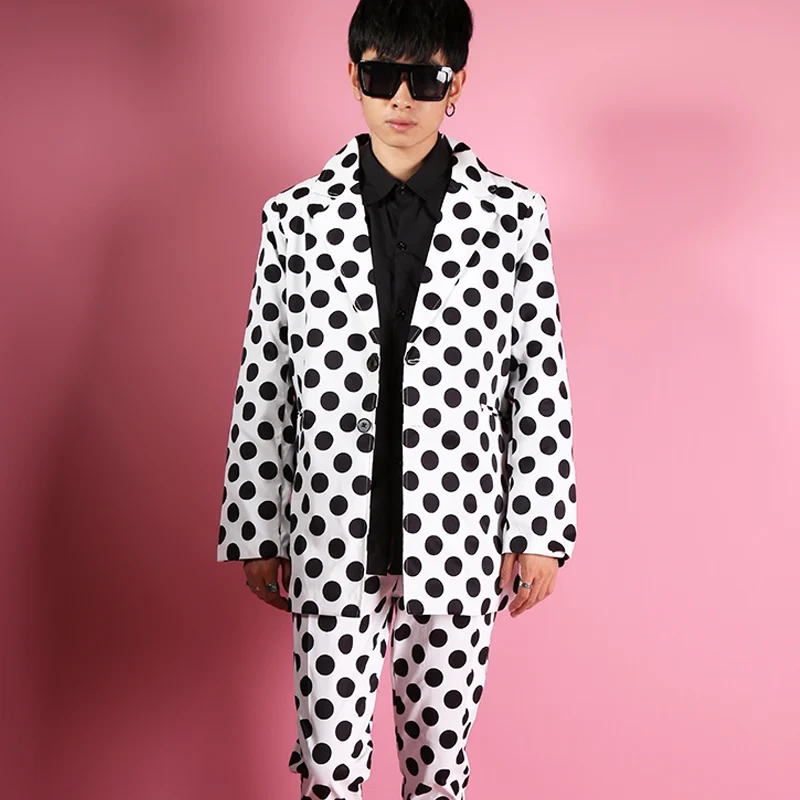 Hot New Mens Black And White Polka Dots Classic Suits Loose Suit Nightclubs Casual Blazers Men Dresses Tides Fashion Ninth Pants