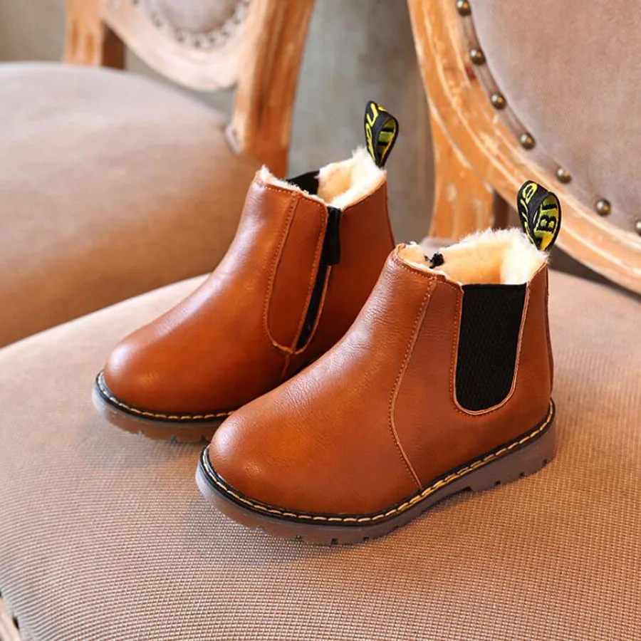 MHYONS/модные бархатные детские ботинки на молнии; водонепроницаемые кожаные детские ботинки martin; теплая зимняя обувь; Резиновые Нескользящие ботинки для мальчиков и девочек - Цвет: brown(plus cotton)