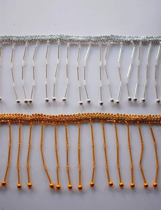 Fringe Tassel lace trim gold silver thread beads lace fabric clothing