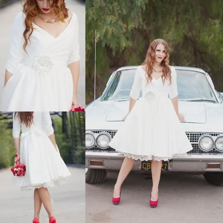 Por Wedding 1950s Style Vintage 1950s Style Short Beach With Sleeves V Neck Knee Length Custom Made