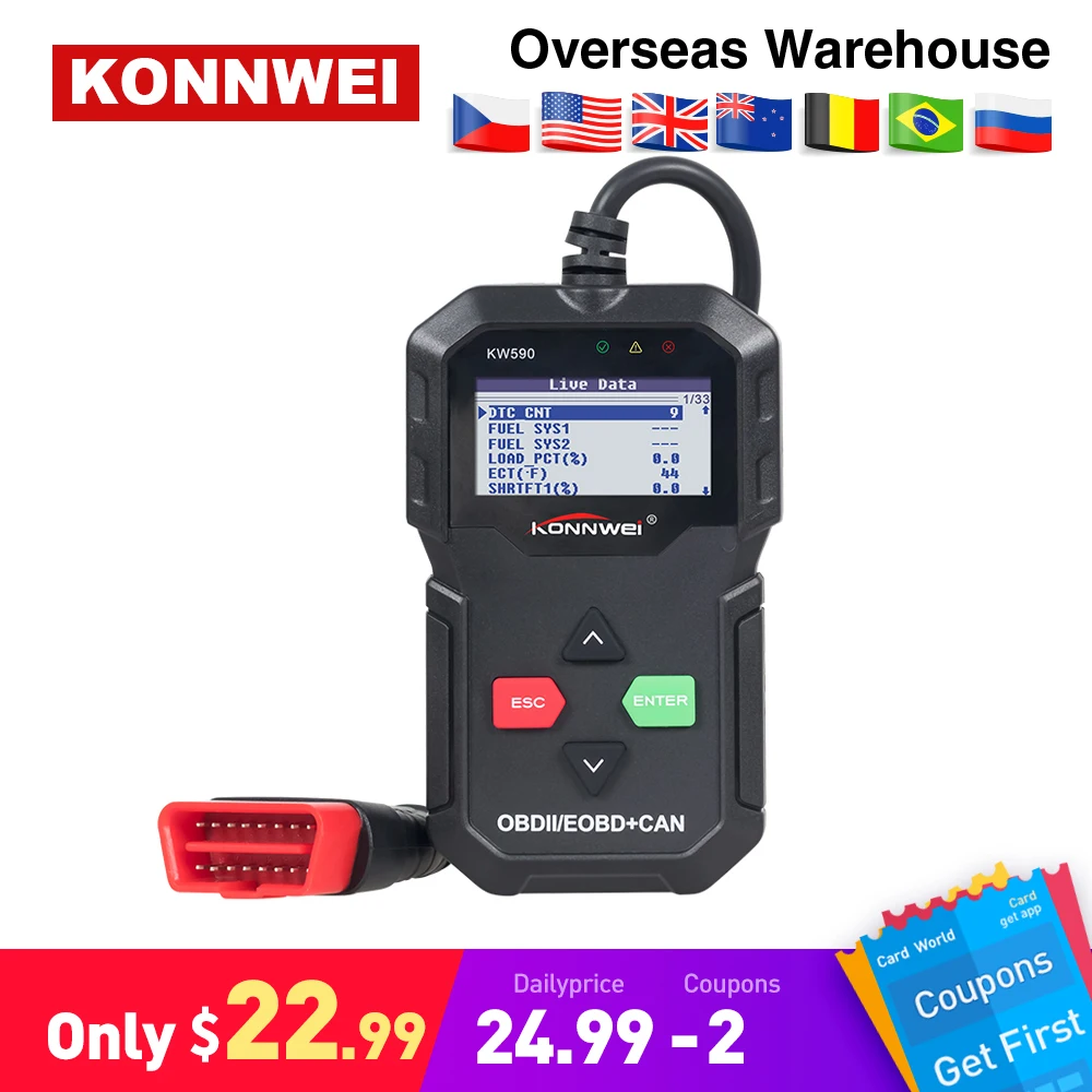 

KONNWEI KW590 OBD2 Car Diagnostic Scanner Multi-languages OBD2 Autos scanner in Russian Better Than AD310 obd2 scanner