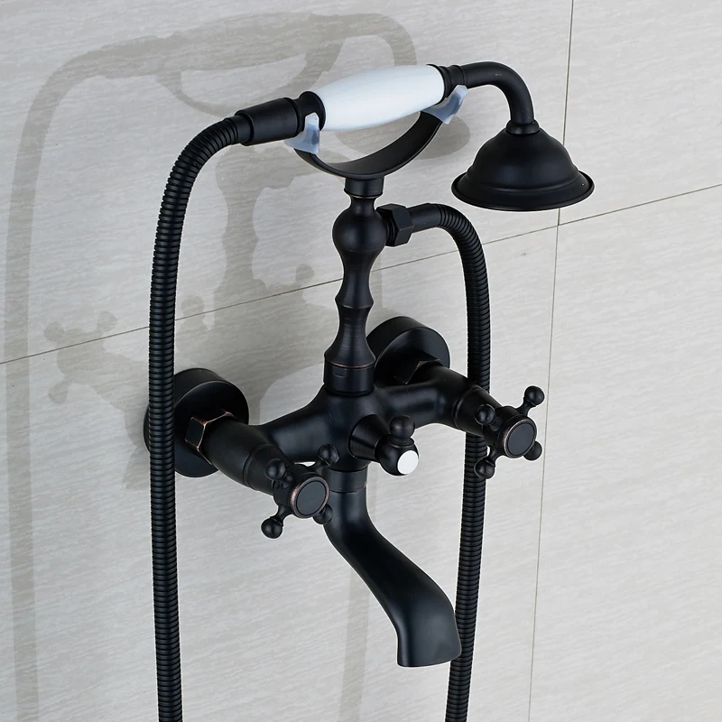 Wall Mount Bathroom Tub Faucet Dounle Handles Mixer Tap with Hand Shower OiL Rubbed Bronze