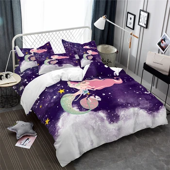 

Girls Mermaid Bedding Set Princess Cartoon Duvet Cover Set Twin Full King Queen Bed Cover Ocean Wave Print Bedclothes 3pcs
