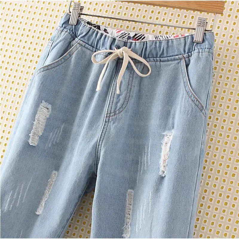 zara jeans High Elastic Waist Hemming Boyfriend Loose Ripped Harem Jeans Mom Light Blue Cuffed Casual Ankle length Capris Baggy Denim Pants jeans pant