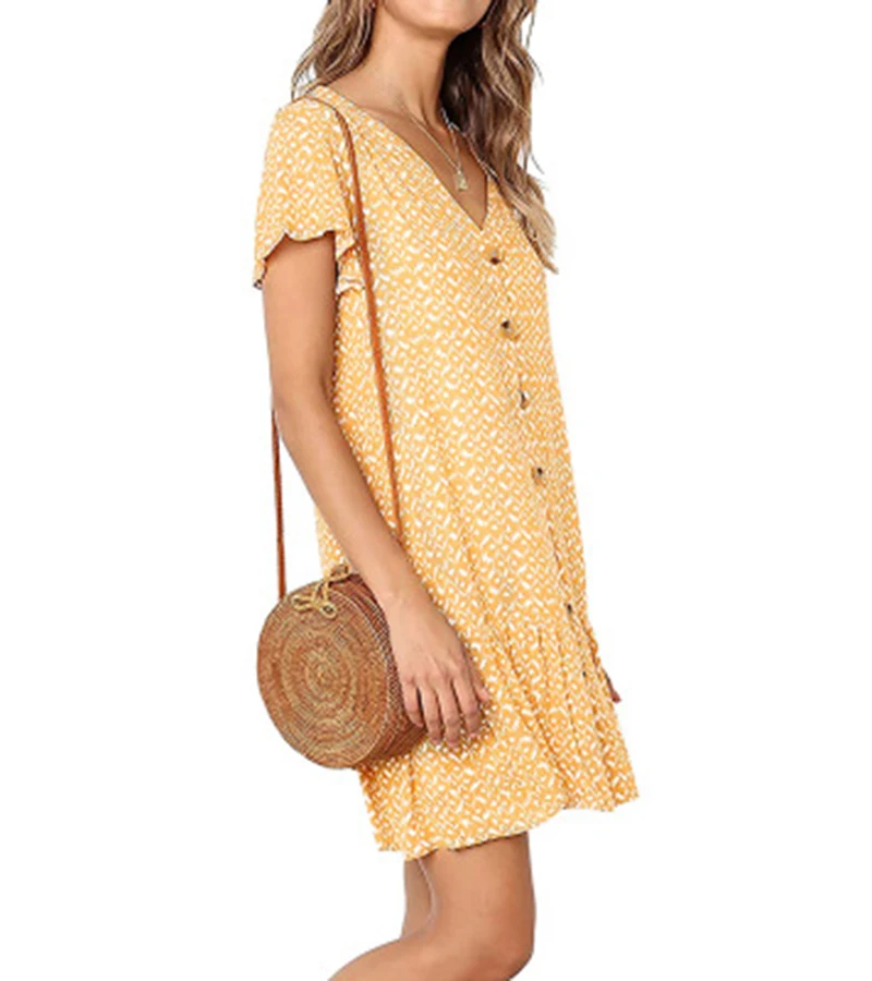2019 summer women print dress short sleeve loose ruffle ladies short dress casual blue black women party mini dress (16)