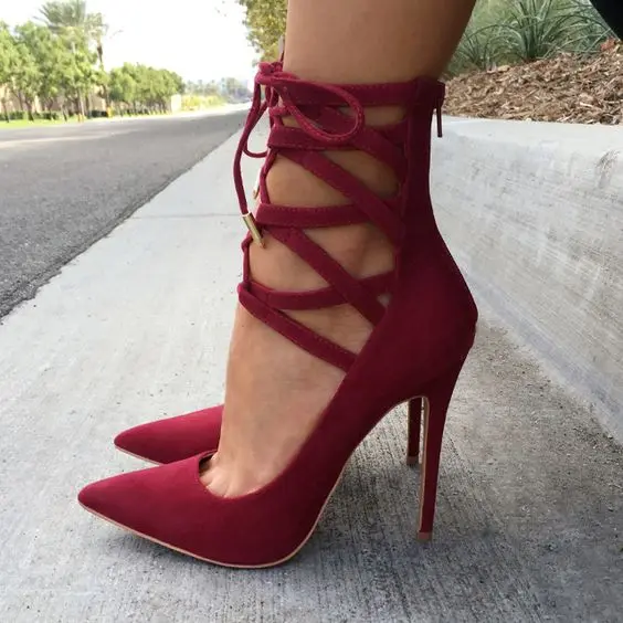 Deep Red Suede Female Pumps Lace-up 