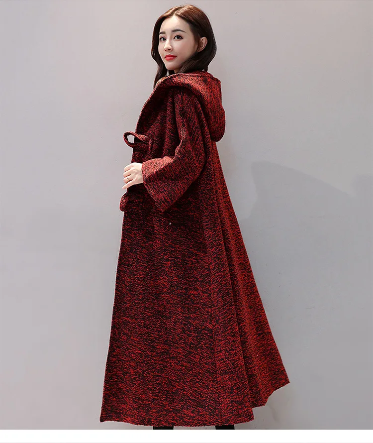 Женская коллекция, Корейская новинка, Осень-зима, рукав летучая мышь, шерсть, пальто размера плюс, Длинный свободный кардиган с капюшоном, шерстяная куртка, верхняя одежда O722
