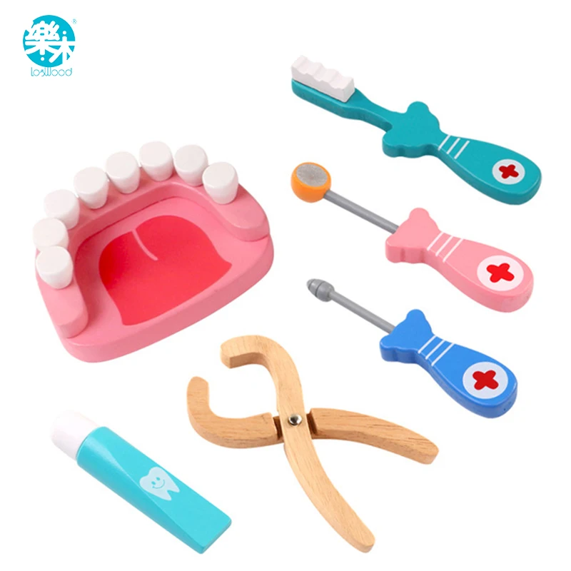Logwood Wooden toys Funny play Real Life Cosplay Doctor game toy Dental Pretend Doctor accessories Tools 6PCS Set For Children