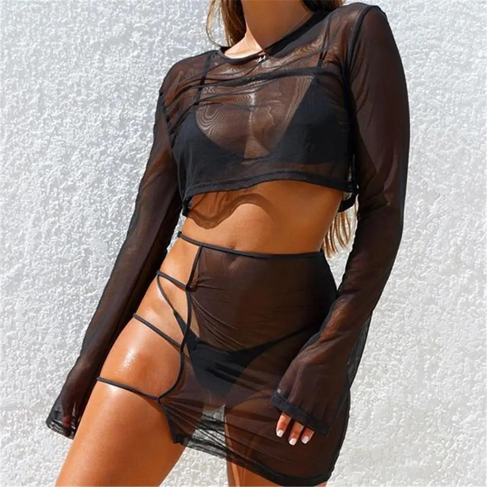 

Sexy Sheer Mesh Club 2 Two Pieces Sets Women 2019 Summer Outfits See Through Long Sleeve Crop Tops+Bodycon Party Mini Skirt