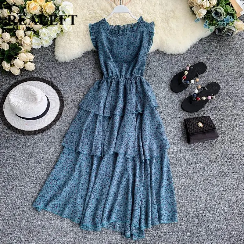 

REALEFT 2019 New Arrival Vintage Women Floral Print Tank Long Dresses Black Ruffles High Waist Chiffon A-Line Cake Dresses