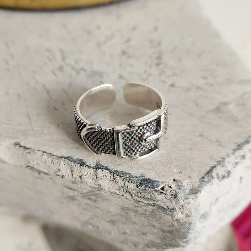 CosFecit 925 Sterling Silver Rings for Women Trendy Black Belt Silver Rings Classic Vintage Woman Opening Ring Female Jewelry  (2)
