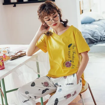 

V-Neck Two Piece Pyjamas Women Cotton Sleepwear Summer Shorts Sleeve Pajamas Long Pants Sets Casual Homewear Femme Pijamas Mujer