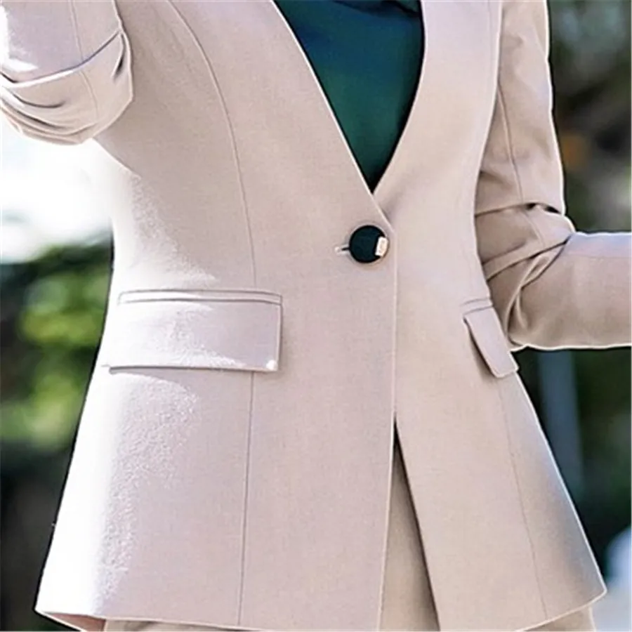 Для женщин офисная униформа, костюм Демисезонный тонкий моды с длинным рукавом одной кнопки блейзер и брюки набор Femininas Ds50392 - Цвет: Apricot Blazer