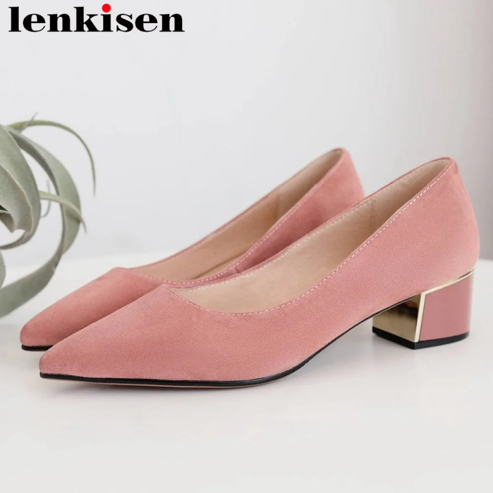 

Lenkisen new fashion natural leather cover chunky med heels elegant dress party women pumps pointed toe Spring runway shoes L78