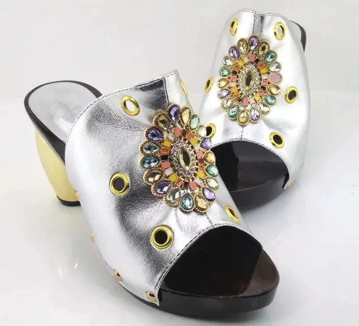 

New Arrival High Qulity PU And Rhinestone Sandals Shoes Summer African Style High Heels Slipper Shoes For Party Dress Black