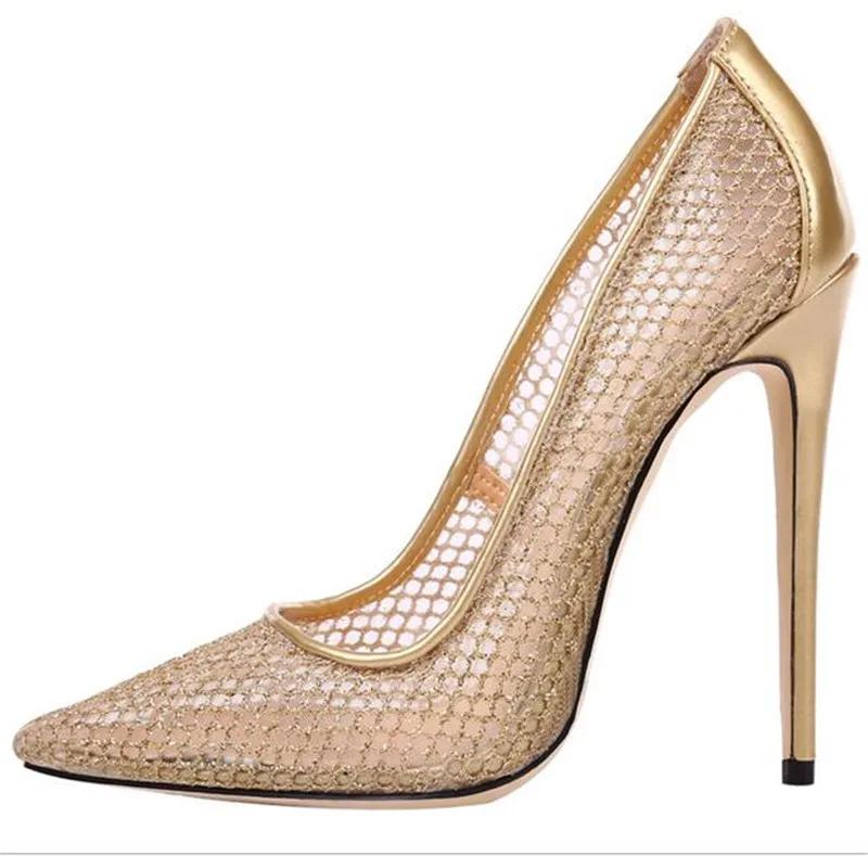 

2019 Women Gold Lace Pumps 8.5/10/12CM Stiletto High Heel Cut-outs Breathable Wedding Dress Shoes Pointed Toe Slip-on Pumps