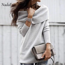 Nadafair Superdimensionada Longo Outono Mulheres Camisola Cor Sólida Fora Do Ombro Barra Pescoço Camisola de Malha Pulôver Jumper Vestidos Femme