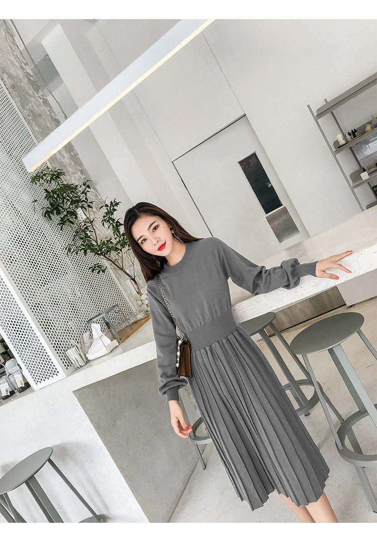 Winter Autumn Female Elegant Long Sleeve Girl Slim Dresses Vintage A-line Pleated Knitwear Knitted Sweater Dress for Women