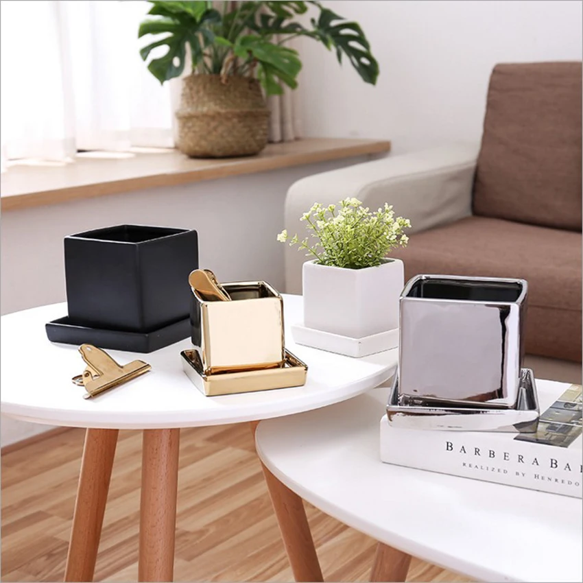 

Modern Ceramic Storage Jar Tank Scandinavian Electroplated Style Sundries Flower Vase Desk Storage Bottle Organizer for Home
