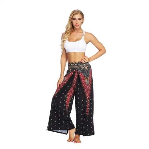 Raisvern/женские летние пляжные брюки с высоким разрезом, с перьями павлина, с широкими штанинами, в стиле бохо, уличная одежда, эластичные повседневные женские штаны - Цвет: Color 3
