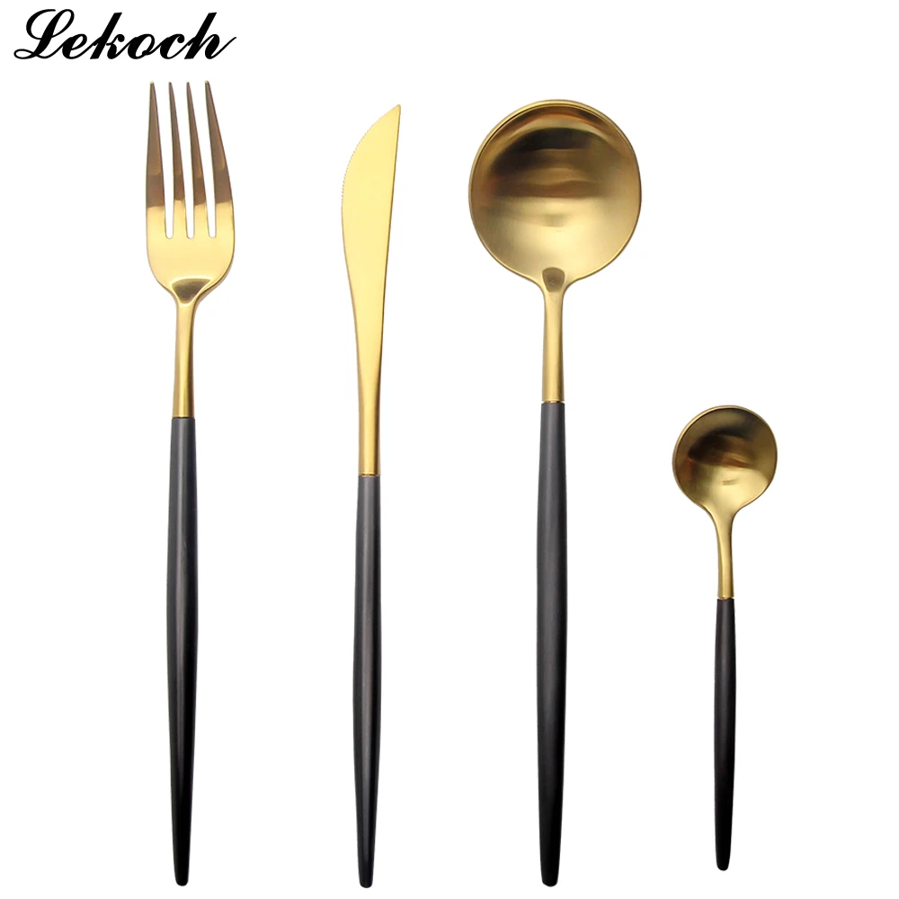 4Pcs/Lot Black Handle Cutlery Set Gold 18/10 Stainless Steel Dinnerware Set Fork Knife Scoops