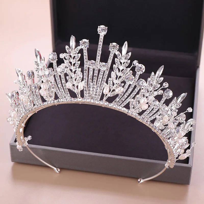 KMVEXO Роскошные Свадебные короны в стиле барокко с кристаллами и листьями, принцесса, королева, Театрализованная перламутровая вуаль, диадемы, повязка на голову, свадебные аксессуары для волос