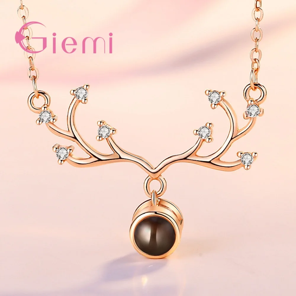 

Cubic Zirconia Deer Antlers Necklaces & Pendants Fashion Rose Gold Projection 100 Languages Necklace For Birthday Gift