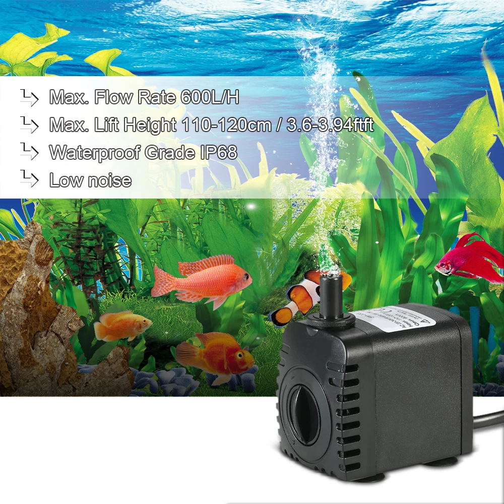 

Submersible Water Pump for Aquarium Tabletop Fountains Pond Water Gardens and Hydroponic Systems with 2 Nozzles 600L/H 8W 110V