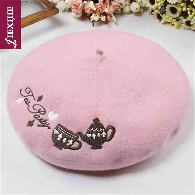 PINK CHA HU Японская шерсть узор винтажная шляпа Луна вишня вышивка принцесса Лолита колледж сладкий леди живописец прекрасная зимняя теплая Шапки - Цвет: PINK CHA HU