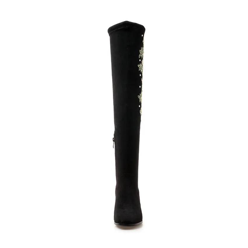 QUTAA/ г. Женские ботфорты выше колена на молнии с вышивкой пикантные зимние высокие сапоги из флока на толстом каблуке из эластичной ткани Size34-40