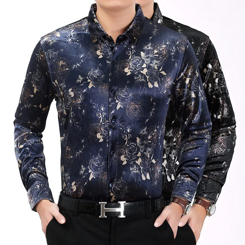 Men Long Sleeve Shirt 2017 Fashion Social Shirt font b Slim b font Male Flower Printed