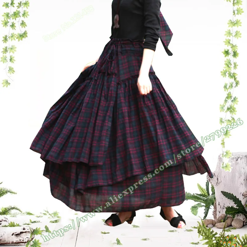 

2019 Spring and Autumn Plus Size 6XL XXXXL Vintage Casual 100% Cotton Plaid Grid Female Pleated Maxi Long Skirts Womens