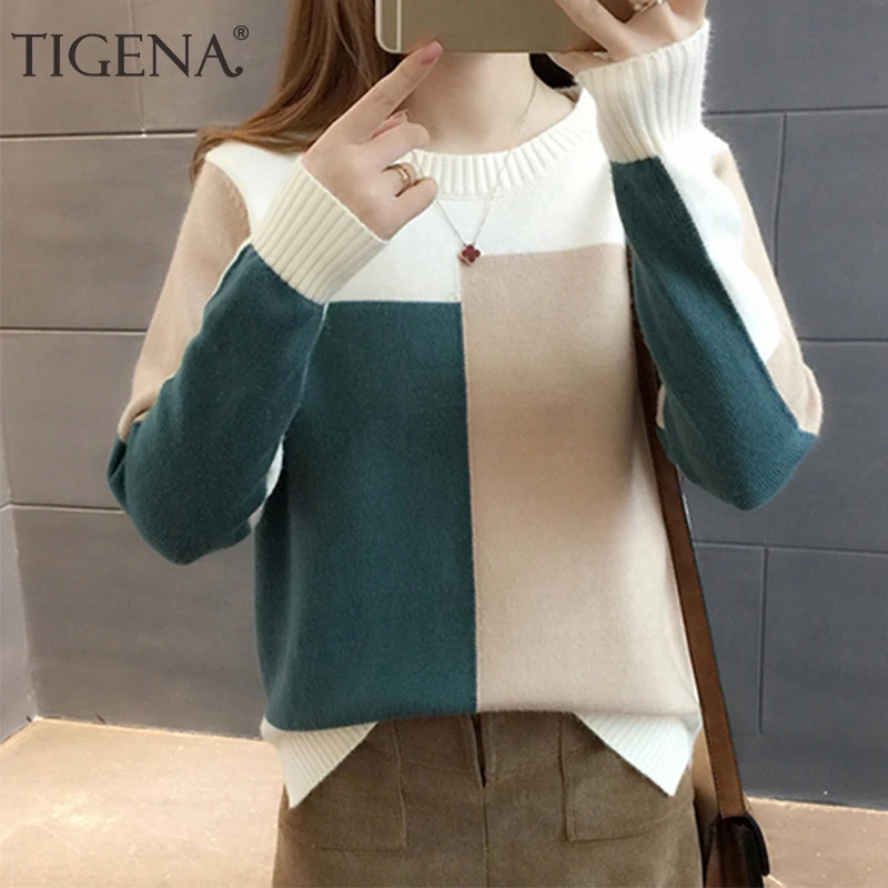 Meilleur TIGENA confortable doux Pull Pull femmes Pullover 2019 automne hiver coréen contraste couleur tricot Pull Femme Pull Femme