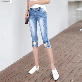 

Stretch Skinny Capris Jeans Woman Summer 2020 Female Ripped Hole Calf-Length Denim Pants Jeans Capri For Women Jean Femme