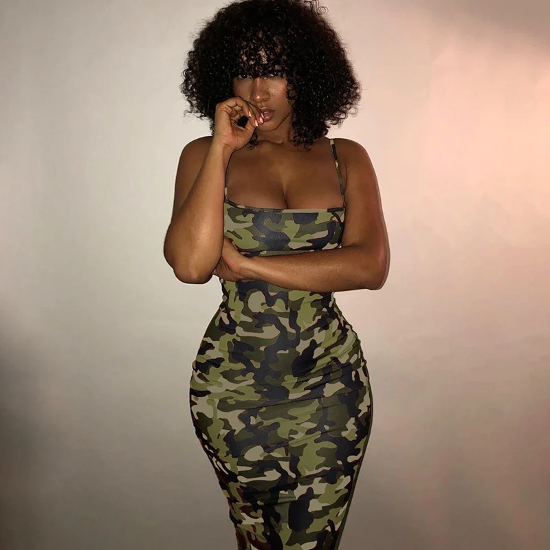 

Summer Women Ladies Military Wind Camouflage Dresses Sleeveless Spaghetti Strap Sling Knee-Length Dress Women Party Dress L2