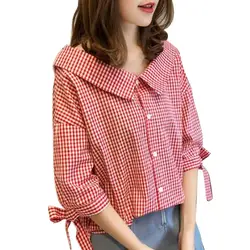Для женщин кукла воротник однобортный семь точка рукав шить плед печати Свободные рубашка универсальная блузка