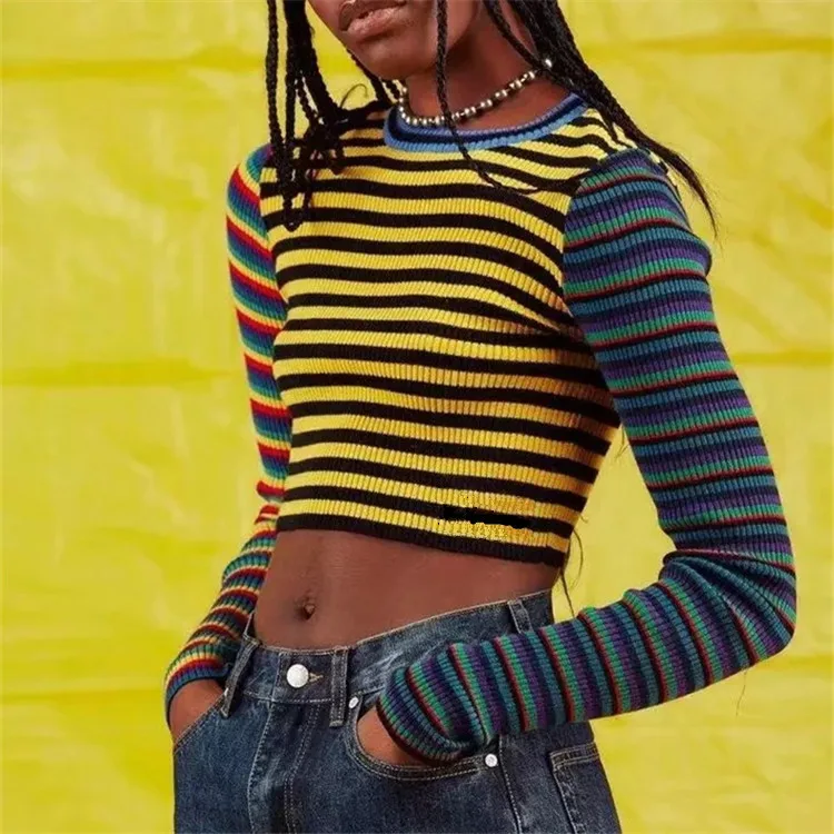 

2019 Fashion harajuku vintage punk contrast color rainbow striped multicolored cropped knit short pull femme women sweater