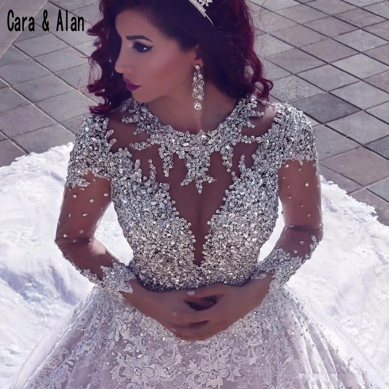 Роскошные 2019 арабское, с длинными рукавами на свадьбу, платья с длинными рукавами с пайетками с украшением в виде кристаллов кружевное