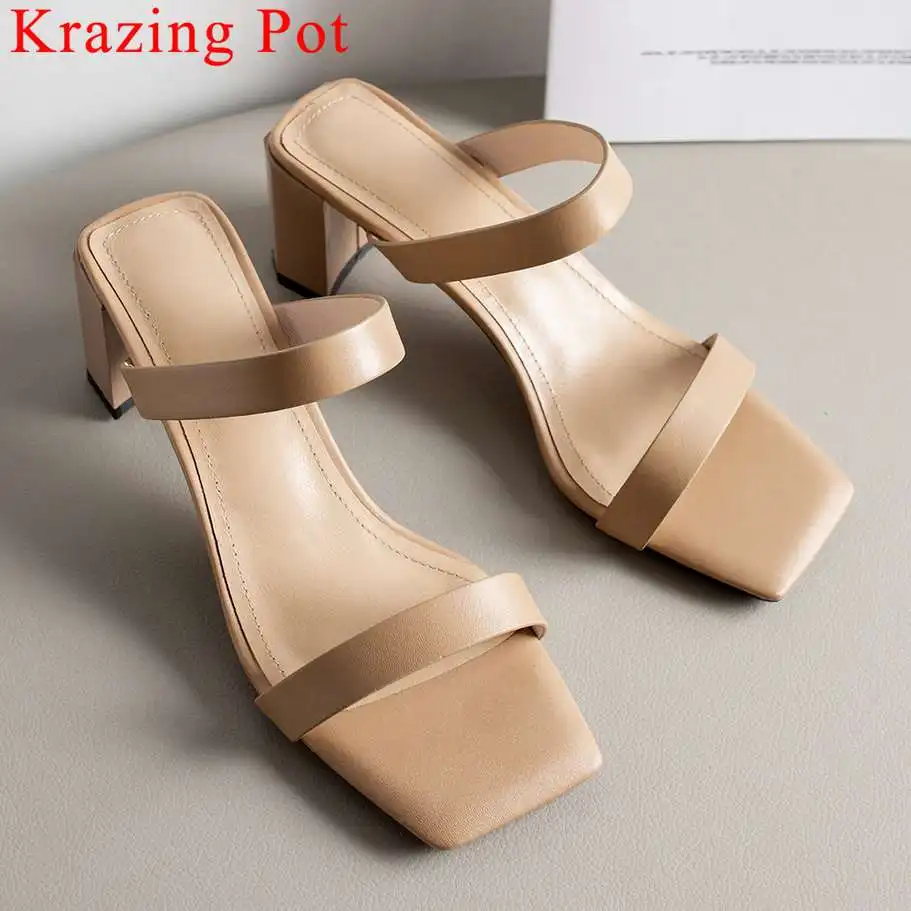 

Summer brand full grain leather slip on mules thick med heels peep square toe elegant lady streetwear dress casual shoes L29