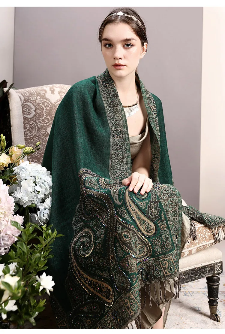Naizaiga ручная вышивка бисером шерсть Этническая Ветер плащ для путешествий темно зеленый шарф женский пашмины шаль, KH25