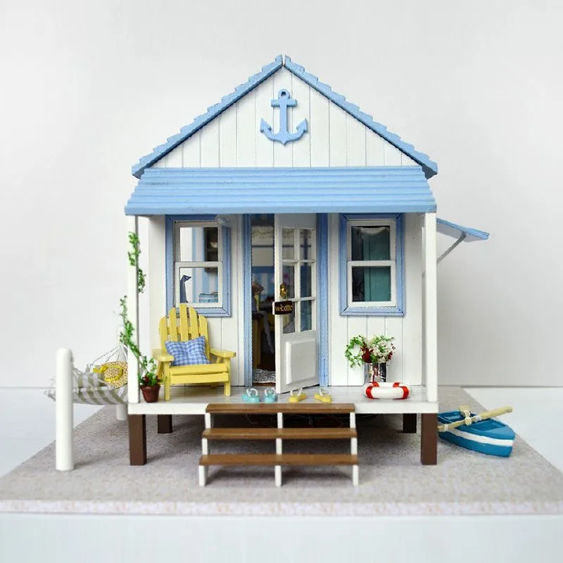  TOP Brand DIY 3D Wooden Doll house miniature with LED+Furniture Beach Villa Tanabata Valentine's Day Room for children Lover  (6)