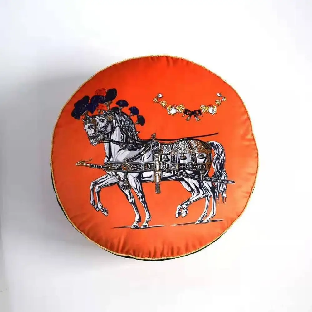 

Europe Vintage Home Decor Luxury Cushion Case Round Shape Horse Decorative Sofa Velvet Throw Pillow Seat Chair
