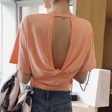 Letter Embroidery Summer Women T Shirt Sexy Back Open Backless Loose Casual Tops Hollow Out T-shirt Women Tee Tops Short Sleeve dolman sleeve twist open back t shirt