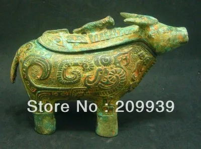 

0086 Chinese Old Handwork Carving Cattle Energy Design Bronze Statues
