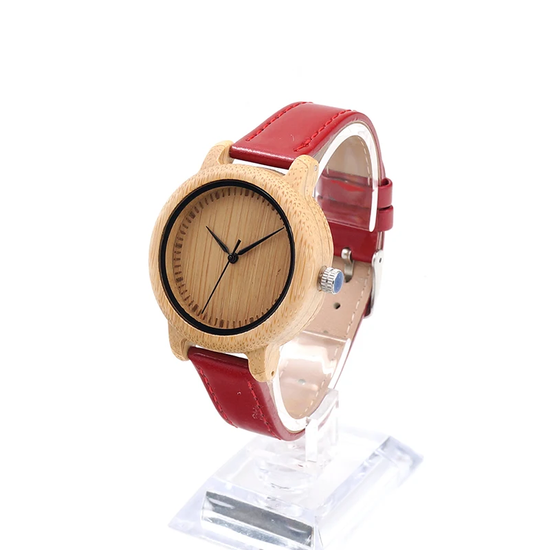 BOBO BIRD J09 Simple Style Bamboo Women Watch Bamboo Dial Genuine Red PU Leather Band Quartz