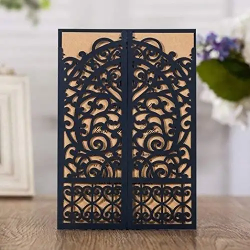 

100Pcs Fold Gate Blue Laser Cut Wedding Invitations Cards, Blank Invitation Birthday Gift Greeting Customized Card with Envelope
