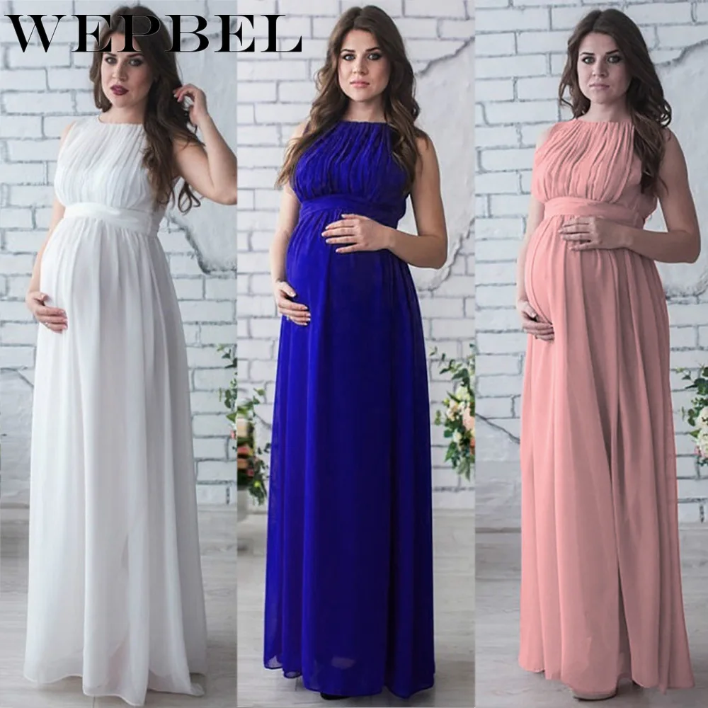 

WEPBEL Elegant Pregnant Woman Long Dress Solid Color Maternity Gown Chiffon Sleeveless Dress Maxi Gown