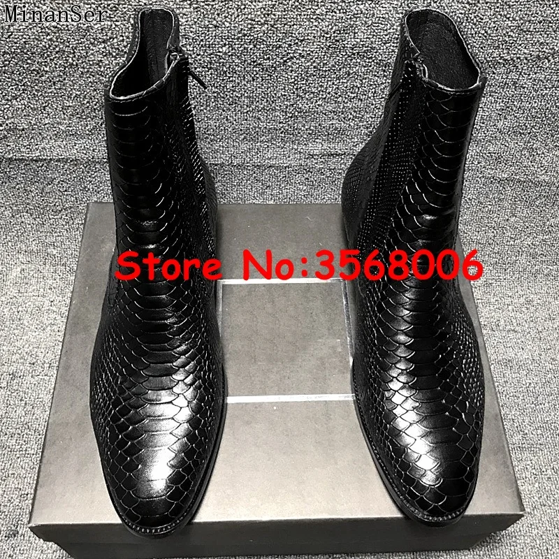 Snake Skin Leather Pointy Toe Zipper High Top Men Chelsea Boots Shoes Rome Style Casual Spring Autumn Man Ankle Boots Shoes