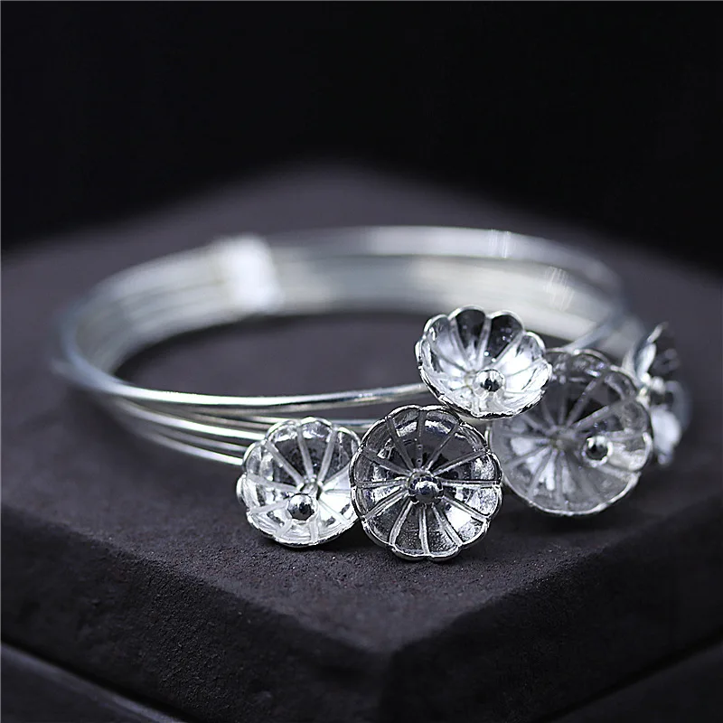 

C&R Real 925 Sterling Silver bangles for women multi-layer Winding bracelet lotus flower bracelets female Fine Jewelry